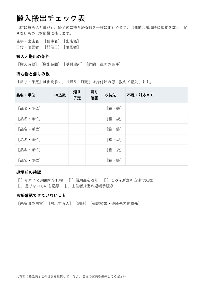 搬入搬出チェック表｜編集できるWord・出店備品6項目・架空記入例付き