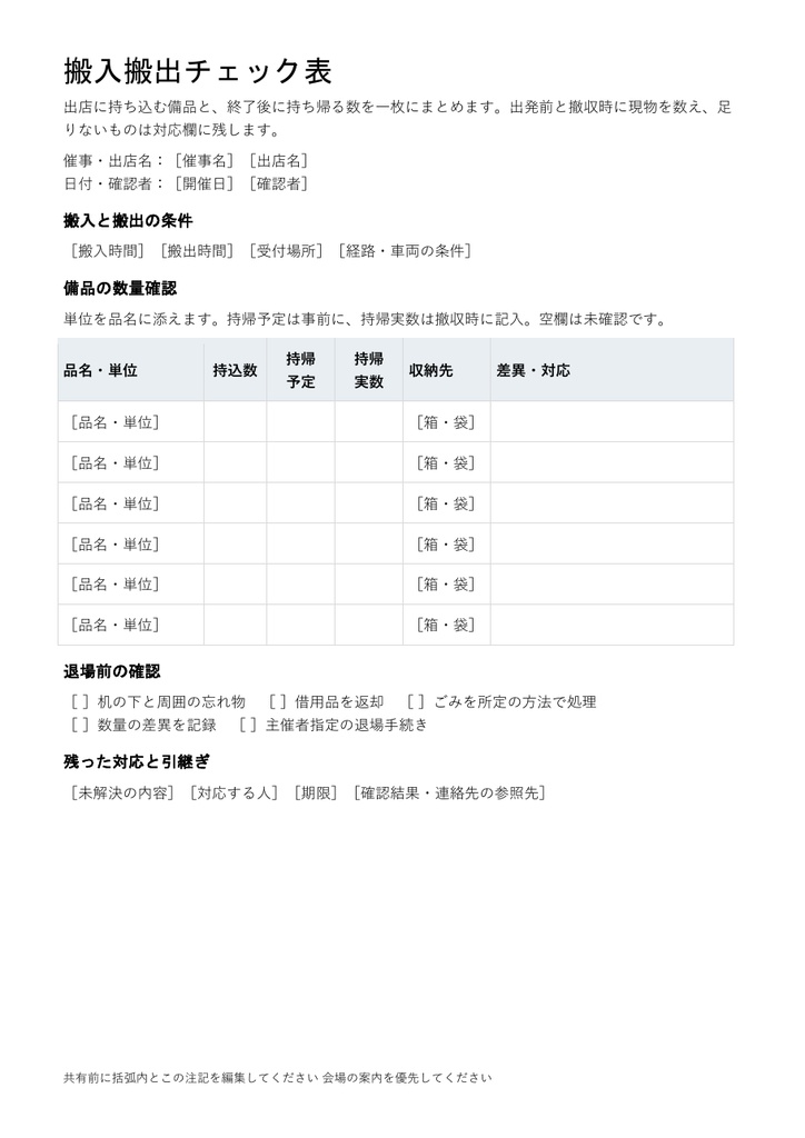 搬入搬出チェック表|編集できるWord・出店備品6項目・架空記入例付き