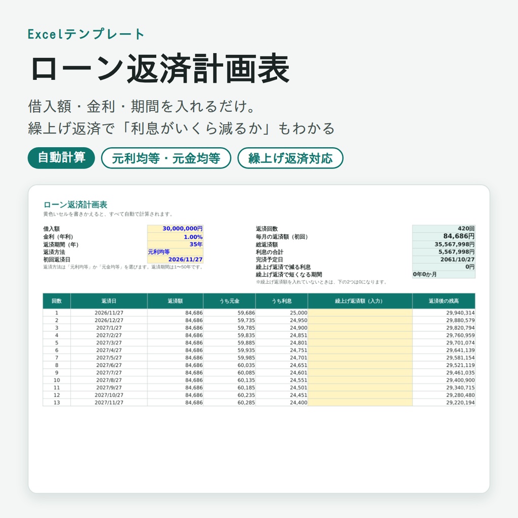 【Excel】ローン返済計画表(繰上げ返済シミュレーション付き)住宅ローン・自動車ローン