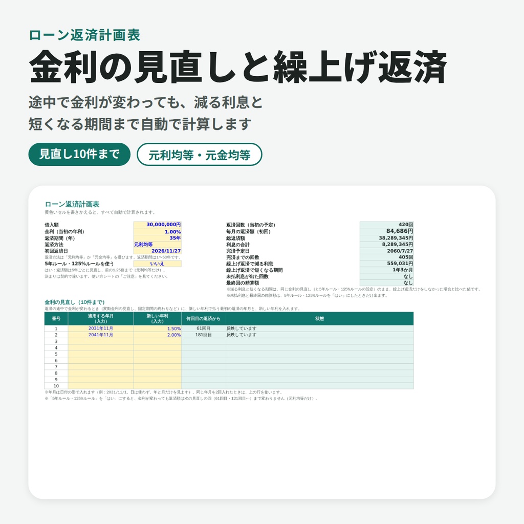 【Excel】住宅ローン返済計画表(繰上げ返済・金利の見直し・5年ルール/125%ルール対応)