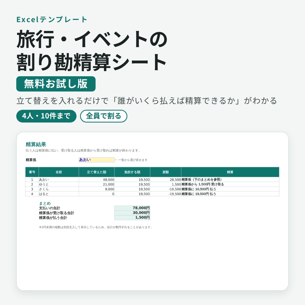 【無料】旅行・イベントの割り勘精算シート お試し版（Excel・4人・10件まで）