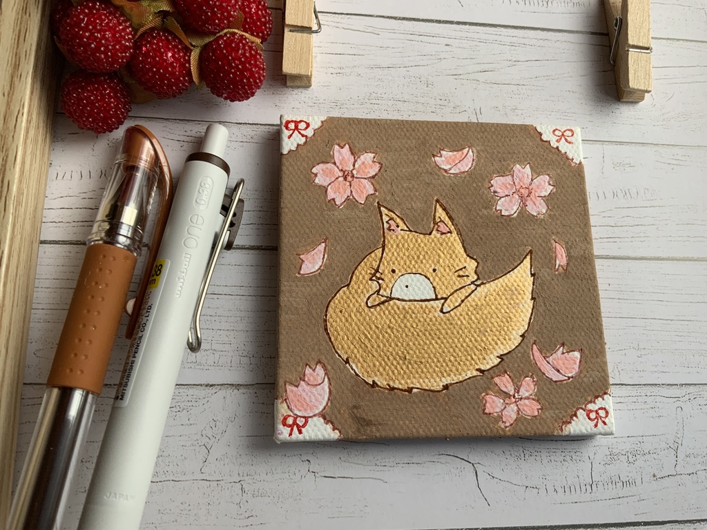 原画 ●桜ときつね ミニキャンバス 手描き イラスト