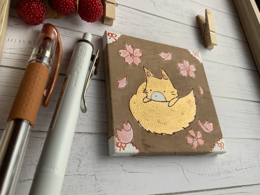 原画 ●桜ときつね ミニキャンバス 手描き イラスト