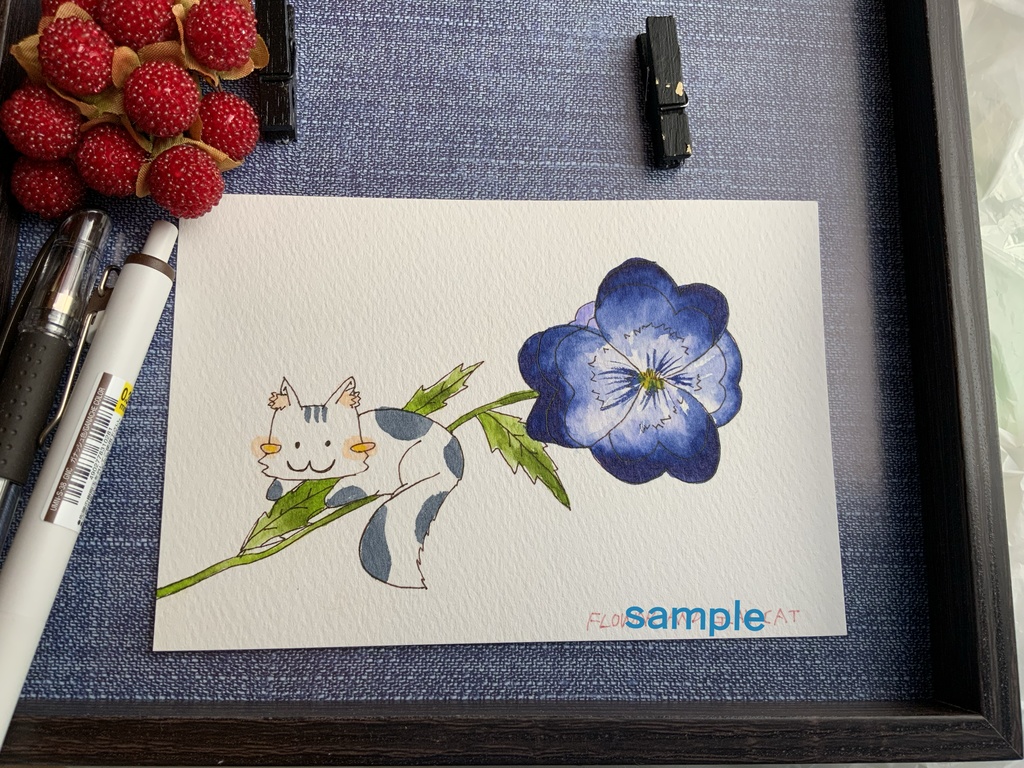 原画 ●パンジーとグレイ猫 手描き イラスト