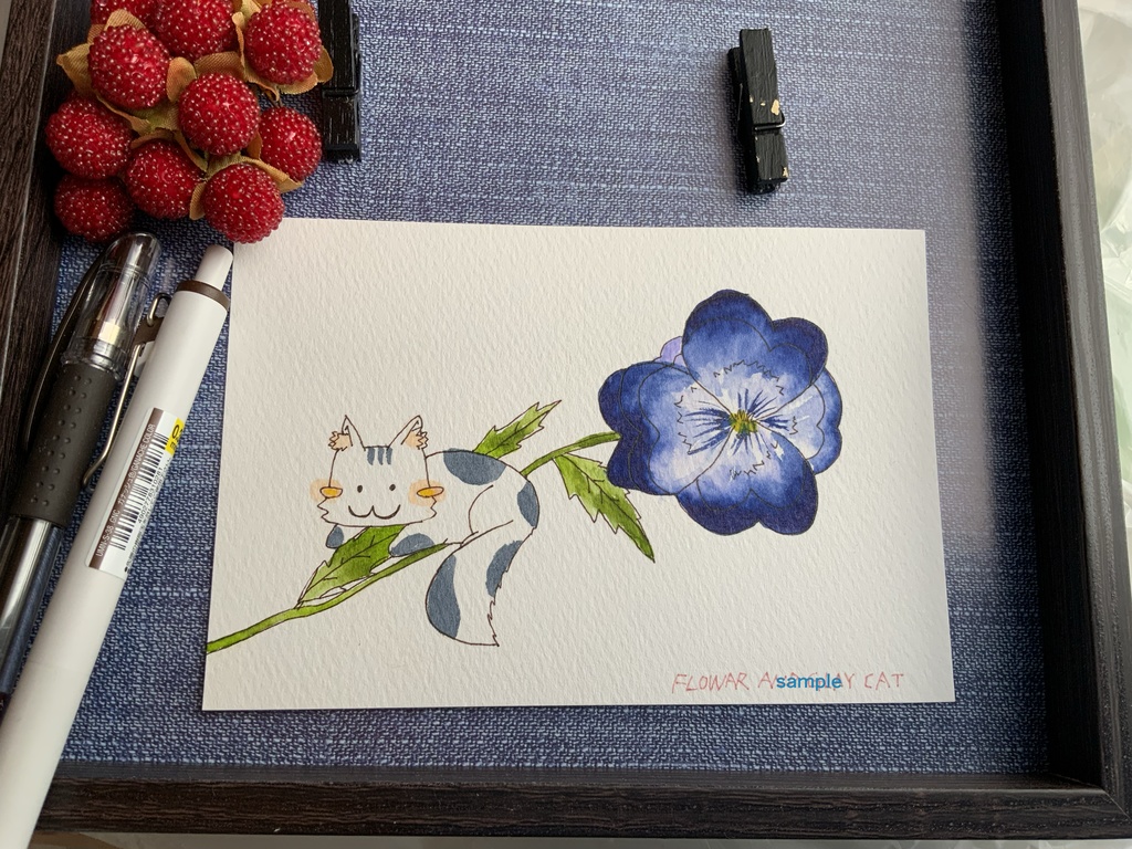 原画 ●パンジーとグレイ猫 手描き イラスト