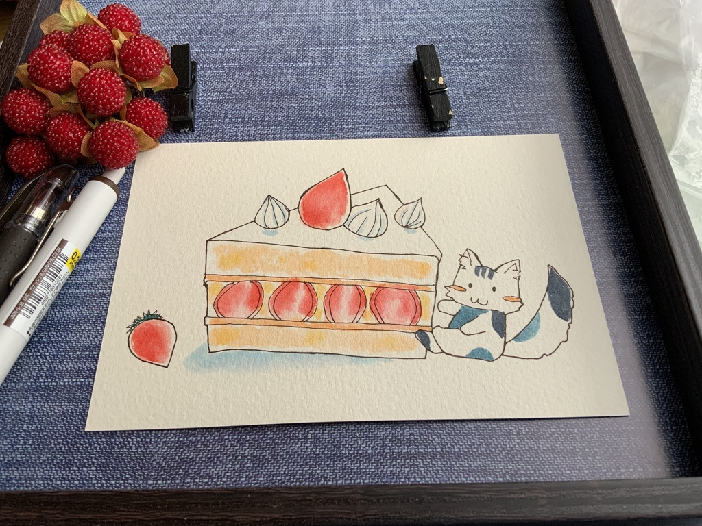 原画 ●ショートケーキとグレイ猫 手描き イラスト