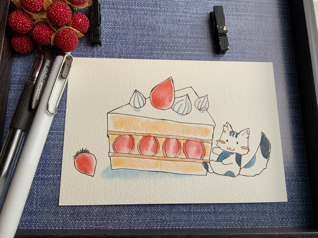 原画 ●ショートケーキとグレイ猫 手描き イラスト