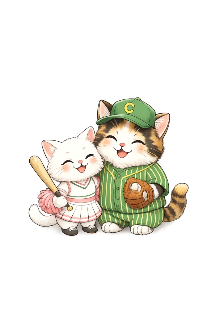 野球を楽しむ猫ちゃんイラスト素材セット:背景あり&背景無し 景透過 / Baseball Cat Illustration Set: With & Without Background