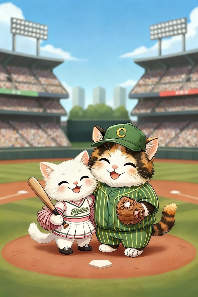野球を楽しむ猫ちゃんイラスト素材セット:背景あり&背景無し 景透過 / Baseball Cat Illustration Set: With & Without Background