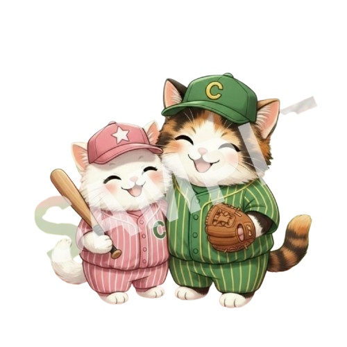 野球を楽しむ猫ちゃんカップル イラスト素材(デジタルデータ)