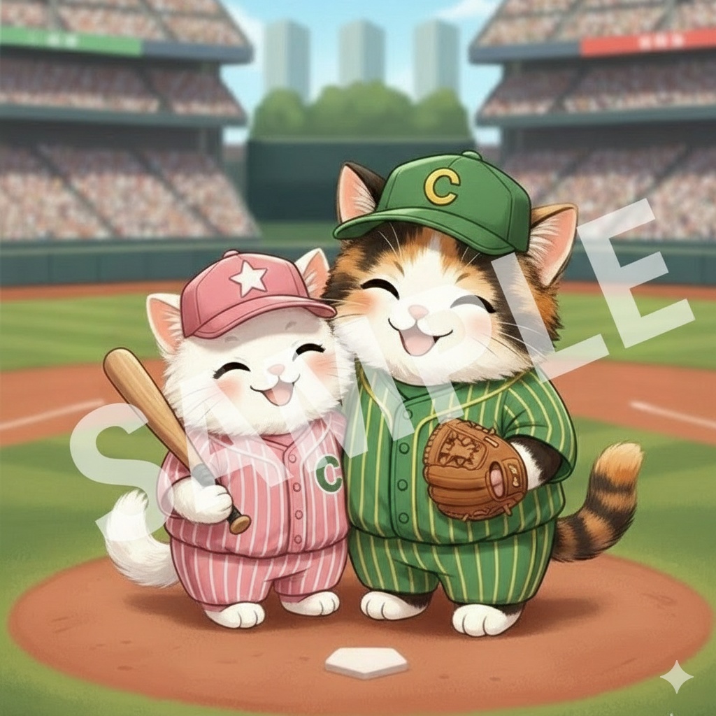 野球を楽しむ猫ちゃんカップル イラスト素材（デジタルデータ）