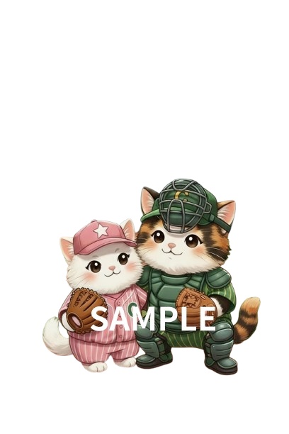 野球猫のバッテリー素材セット(ピッチャー&キャッチャー)【背景あり・透過PNG】