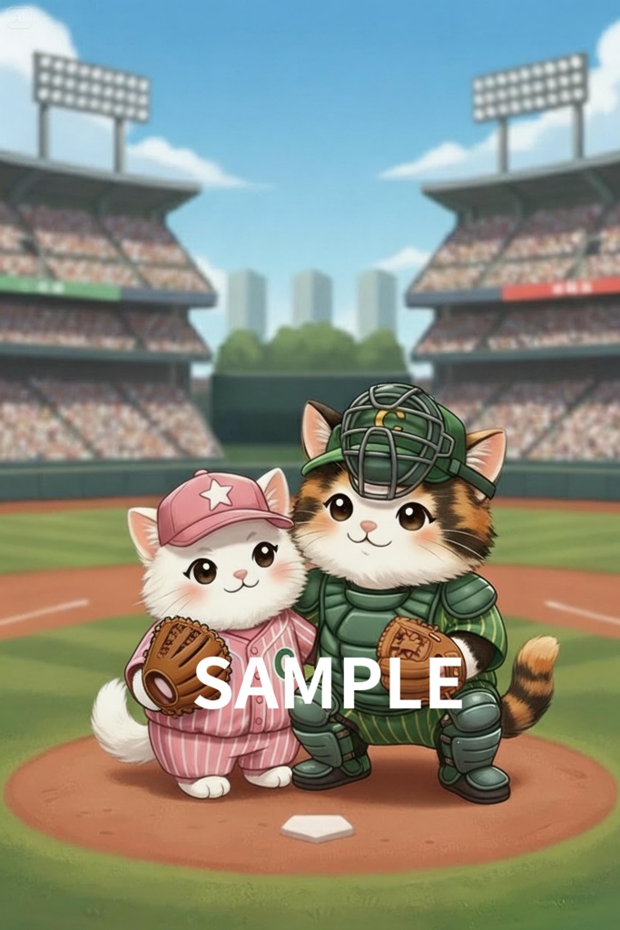 野球猫のバッテリー素材セット（ピッチャー＆キャッチャー）【背景あり・透過PNG】