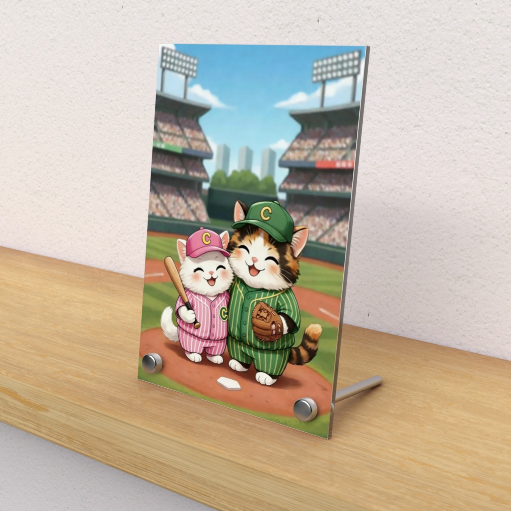 野球スタジアムの仲良し猫カップル:アクリルフォトパネル