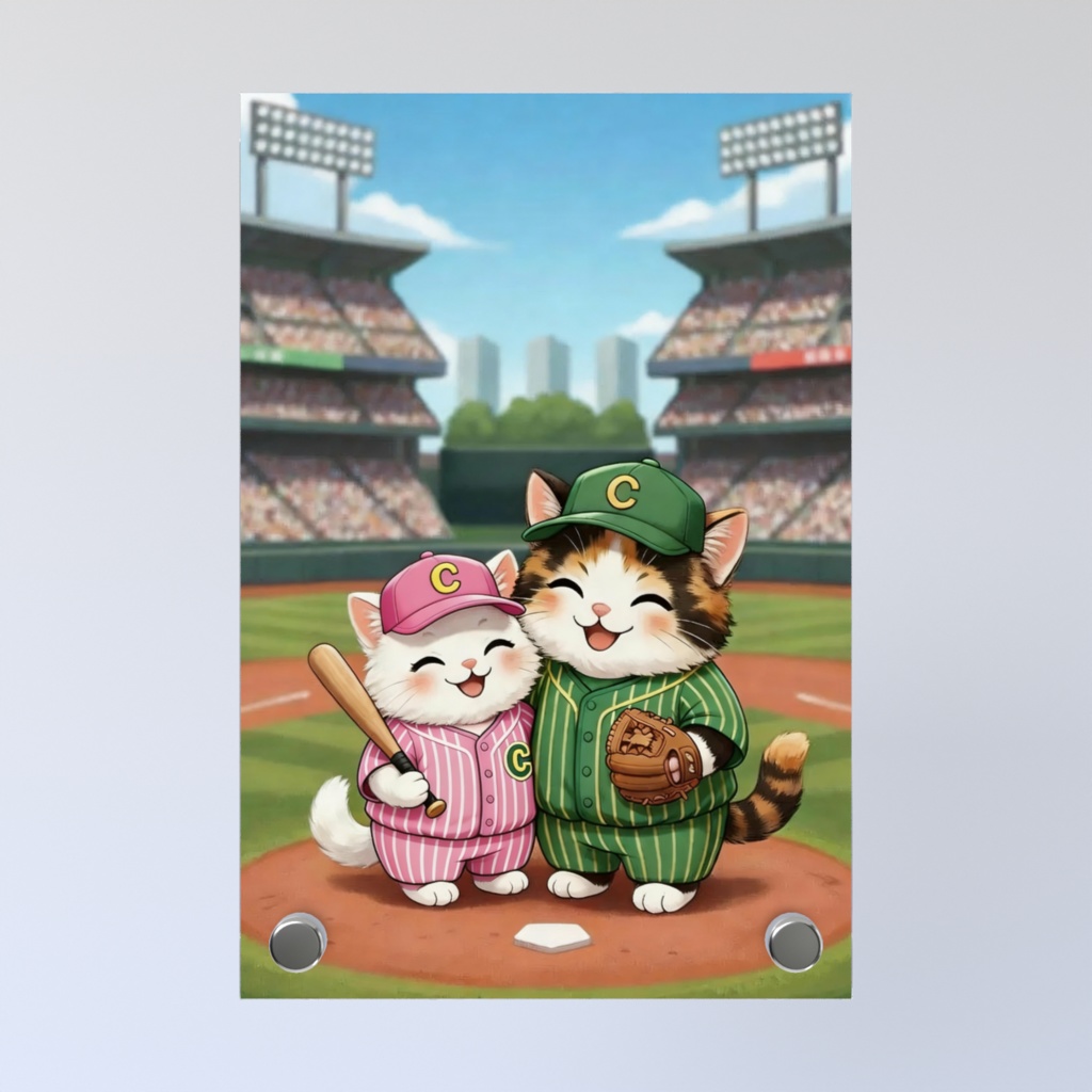 野球スタジアムの仲良し猫カップル:アクリルフォトパネル