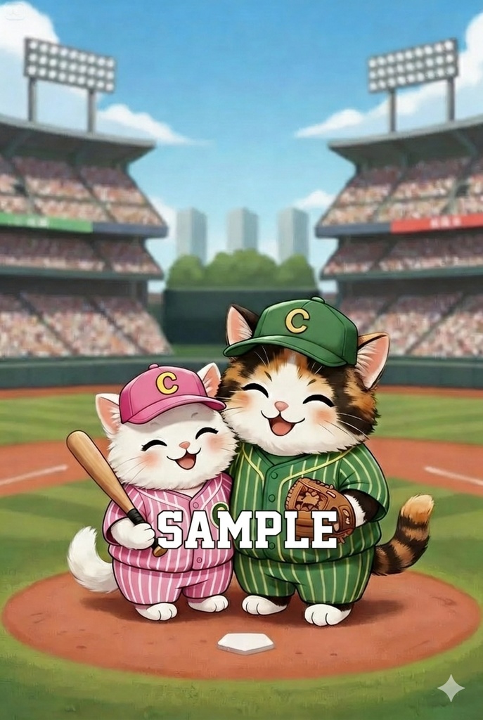 野球スタジアムの仲良し猫カップル：​アクリルフォトパネル