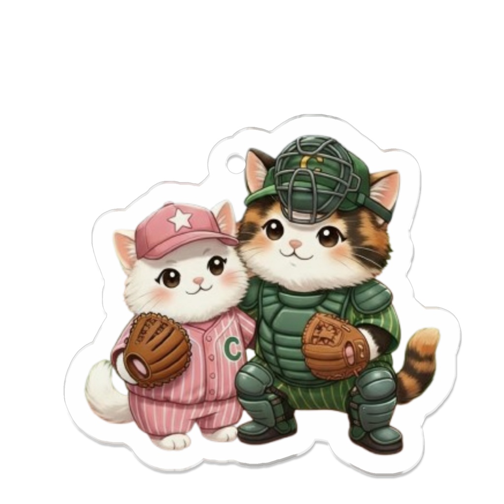 野球猫ペアのアクリルキーホルダー(ピッチャー&キャッチャー)