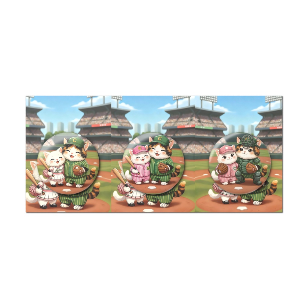 【3個セット】可愛い猫の野球チーム 缶バッジセット(ピッチャー・キャッチャー・チア)