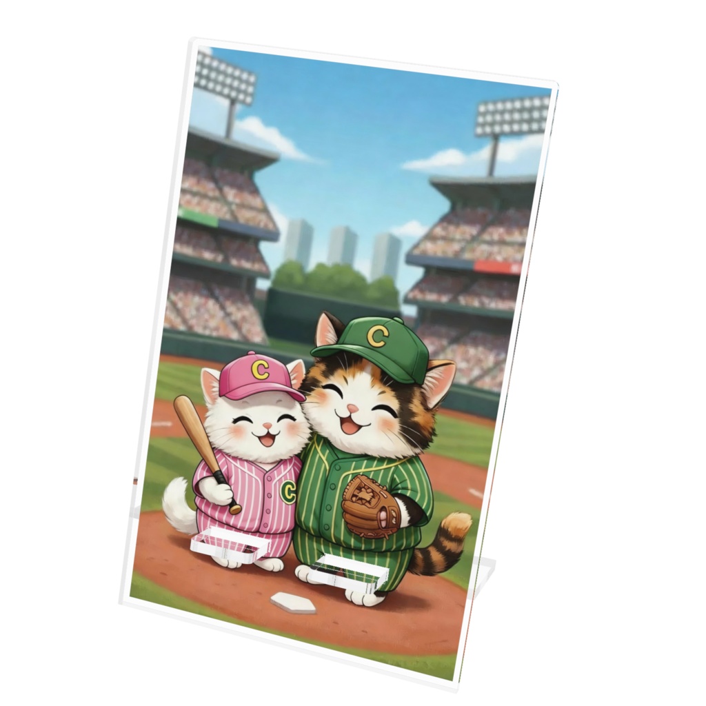 野球猫ちゃんAcrylic Phone Stand 仲良しチームワーク