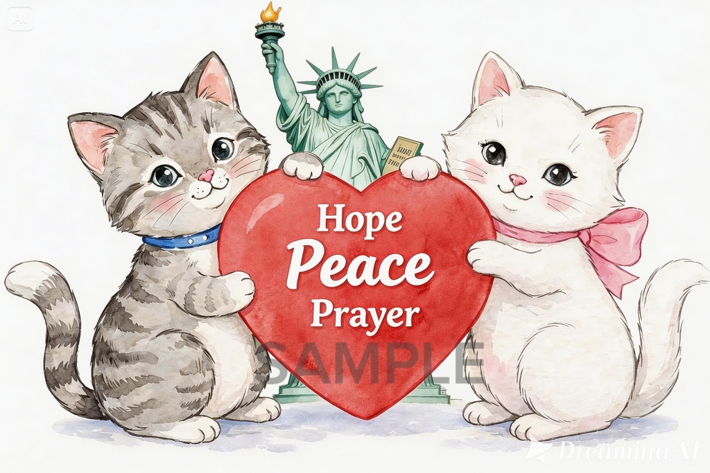 仲良し猫コンビ:しろねこと三毛猫の癒やしIllust(文字あり・なしセット)