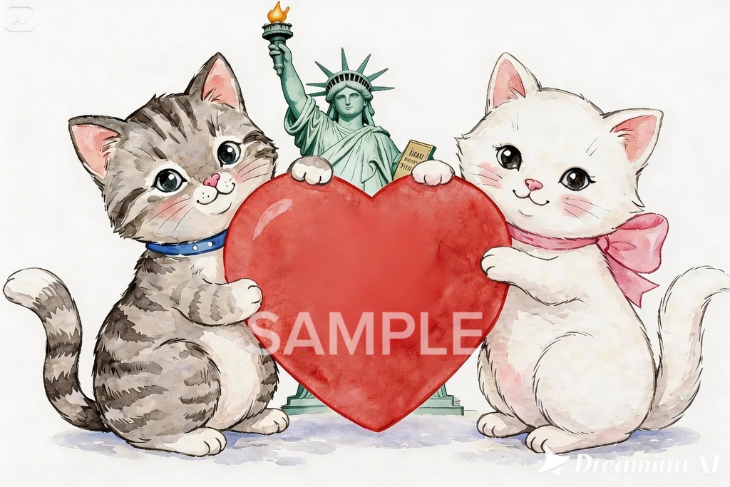 仲良し猫コンビ:しろねこと三毛猫の癒やしIllust(文字あり・なしセット)