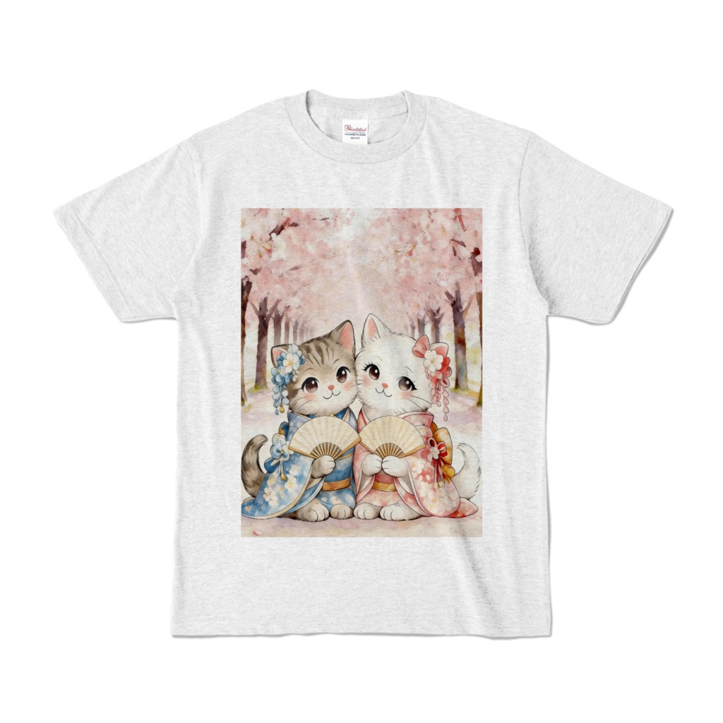 【和の癒やし】桜舞う、着物猫ちゃんのCOLOR T−shirt