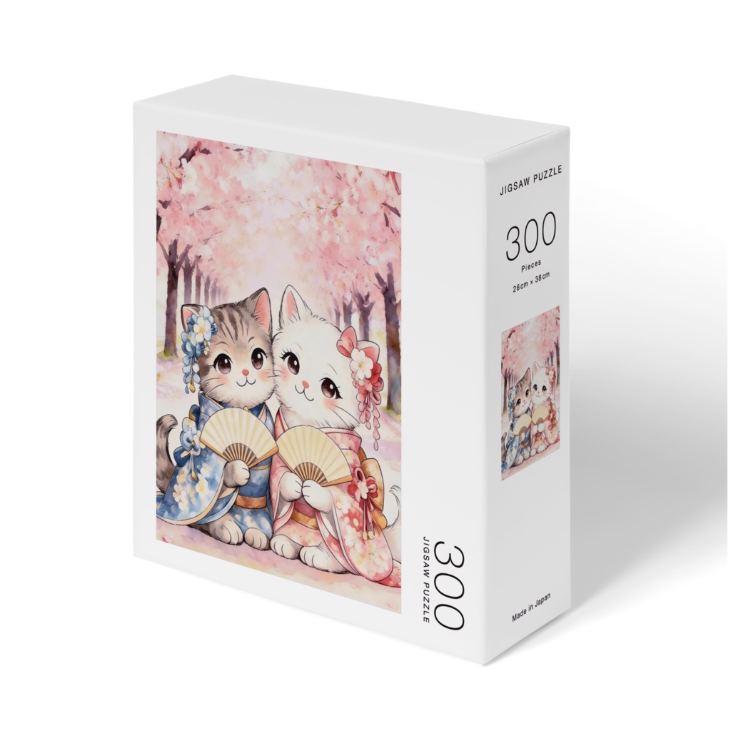 和のJigsawPuzzle:桜のトンネルと着物猫ちゃんの寄り添う風景