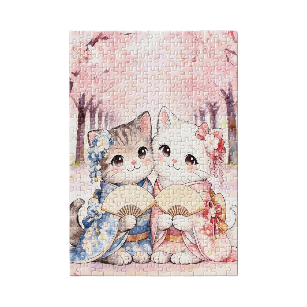 和のJigsawPuzzle:桜のトンネルと着物猫ちゃんの寄り添う風景