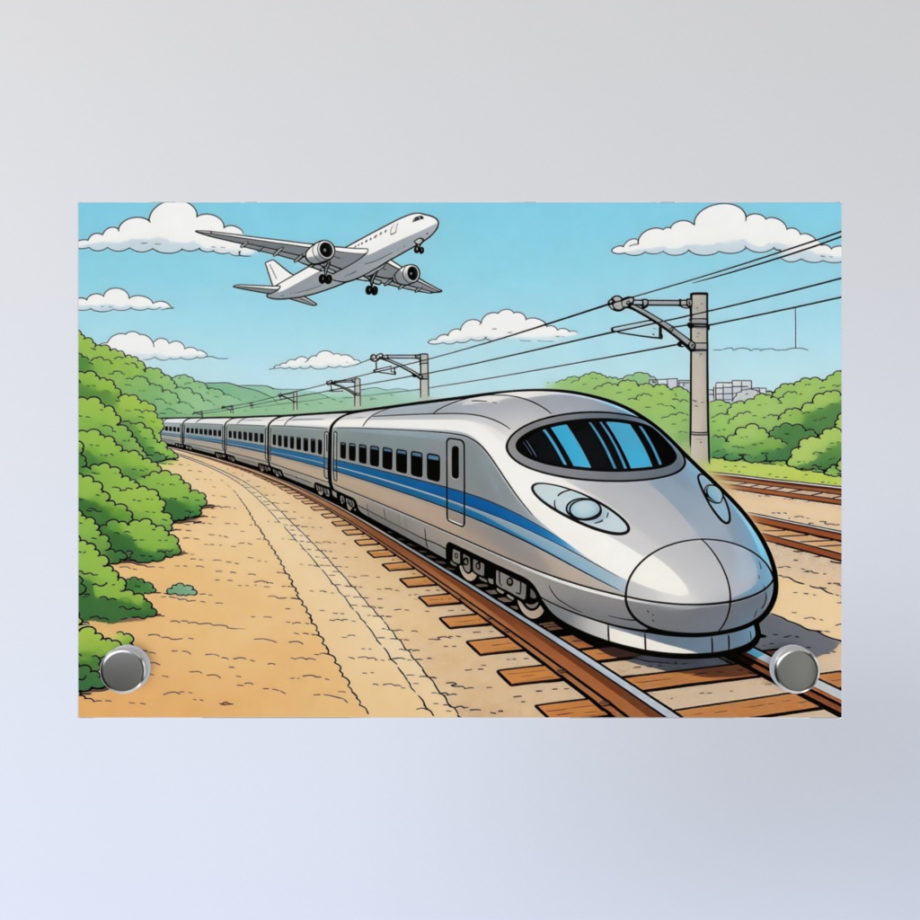 新幹線と飛行機が交差する風景 Acrylic Photo Panel