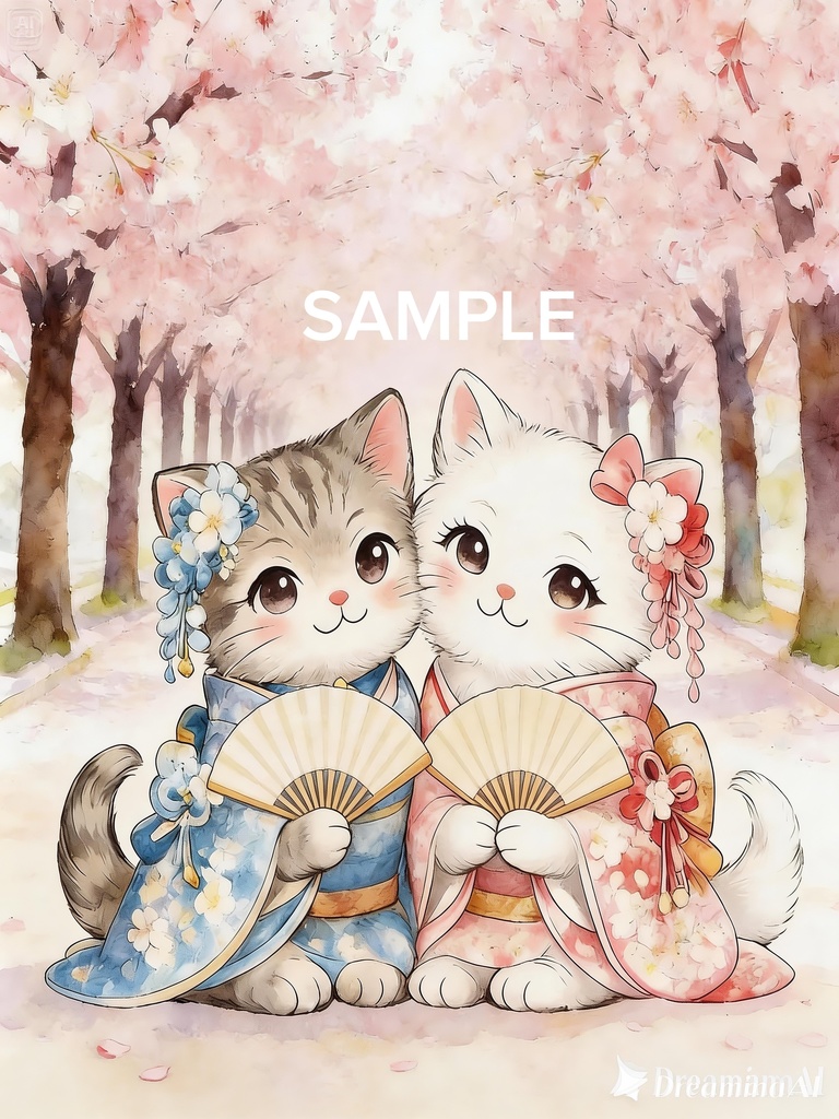 桜舞う春の猫ペア - 和装でおめかし Acrylic Photo Panel