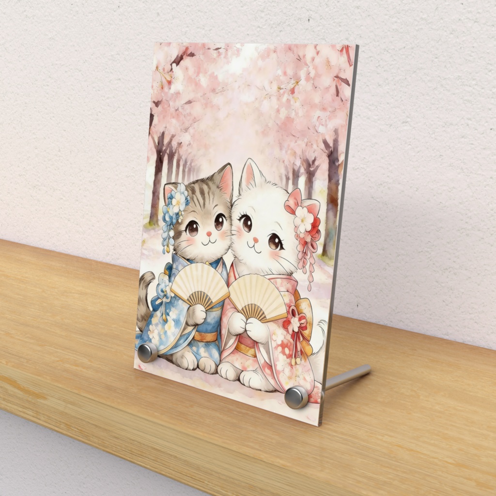 桜舞う春の猫ペア - 和装でおめかし Acrylic Photo Panel