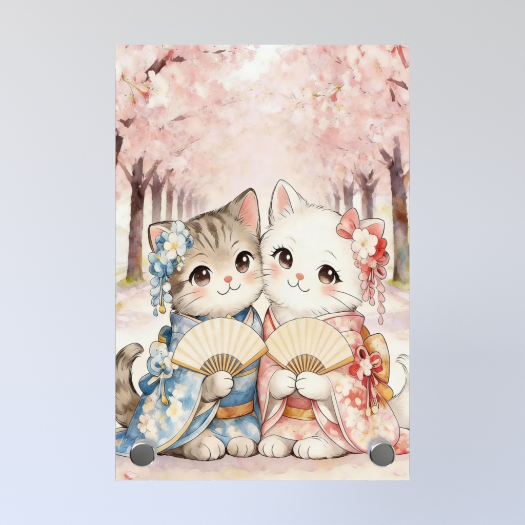 桜舞う春の猫ペア - 和装でおめかし Acrylic Photo Panel
