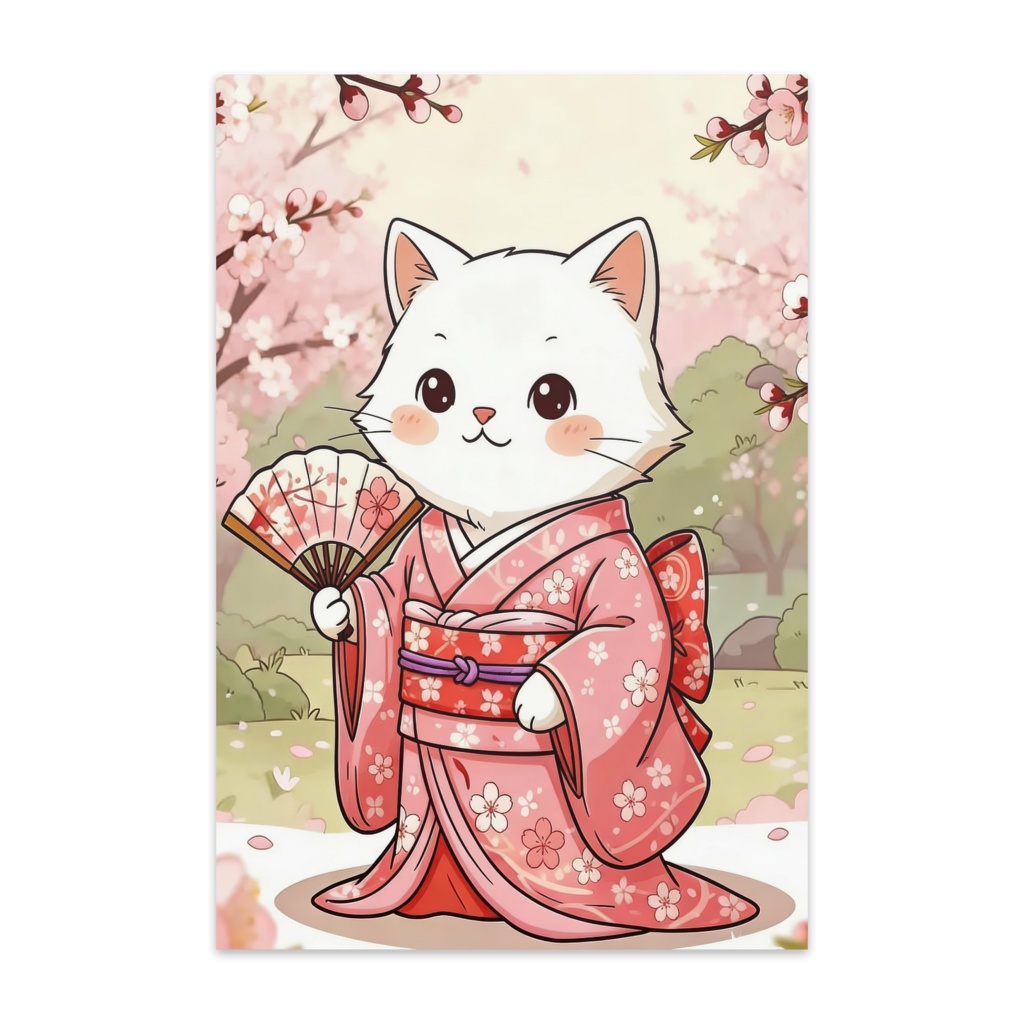 和の彩り：桜舞う着物ねこのお花見POST CARD
