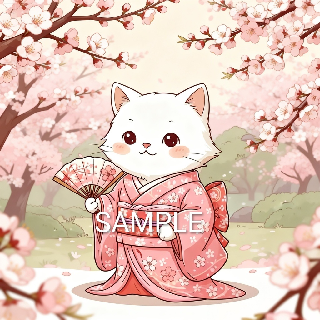 和の彩り:桜舞う着物ねこのお花見POST CARD