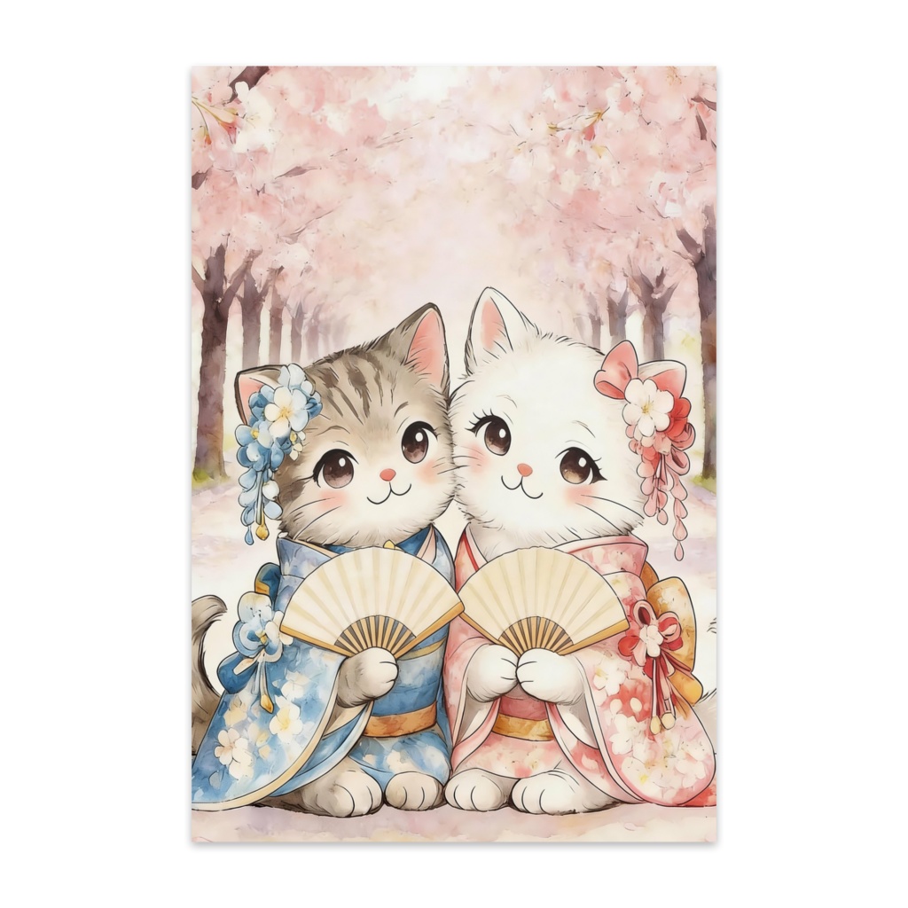 心温まる絆：寄り添い着物ねこと大きなハートのPOST CARD