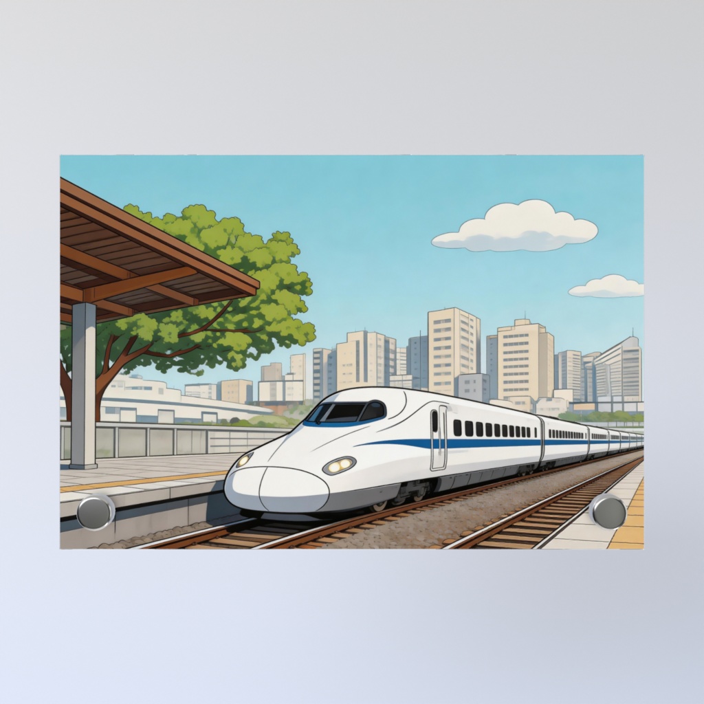 新幹線と都会のパノラマ:出発の朝 Acrylic Photo Panel