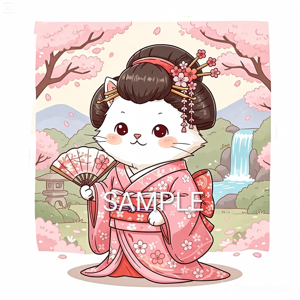 桜舞う庭園の着物猫(JigsawPuzzle)