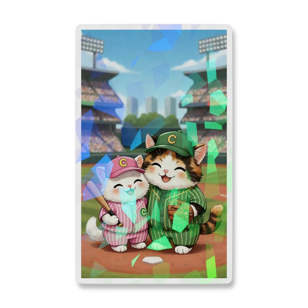 【ホログラムスマホステッカー】お揃いユニフォーム!仲良しバッテリー野球猫