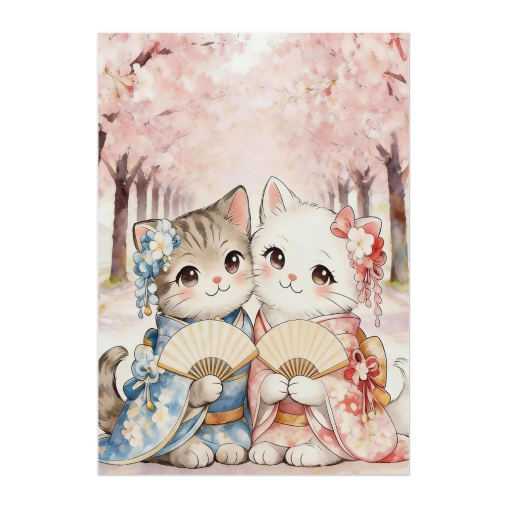 【Art Panel】着物仲良し猫：桜並木のふたり