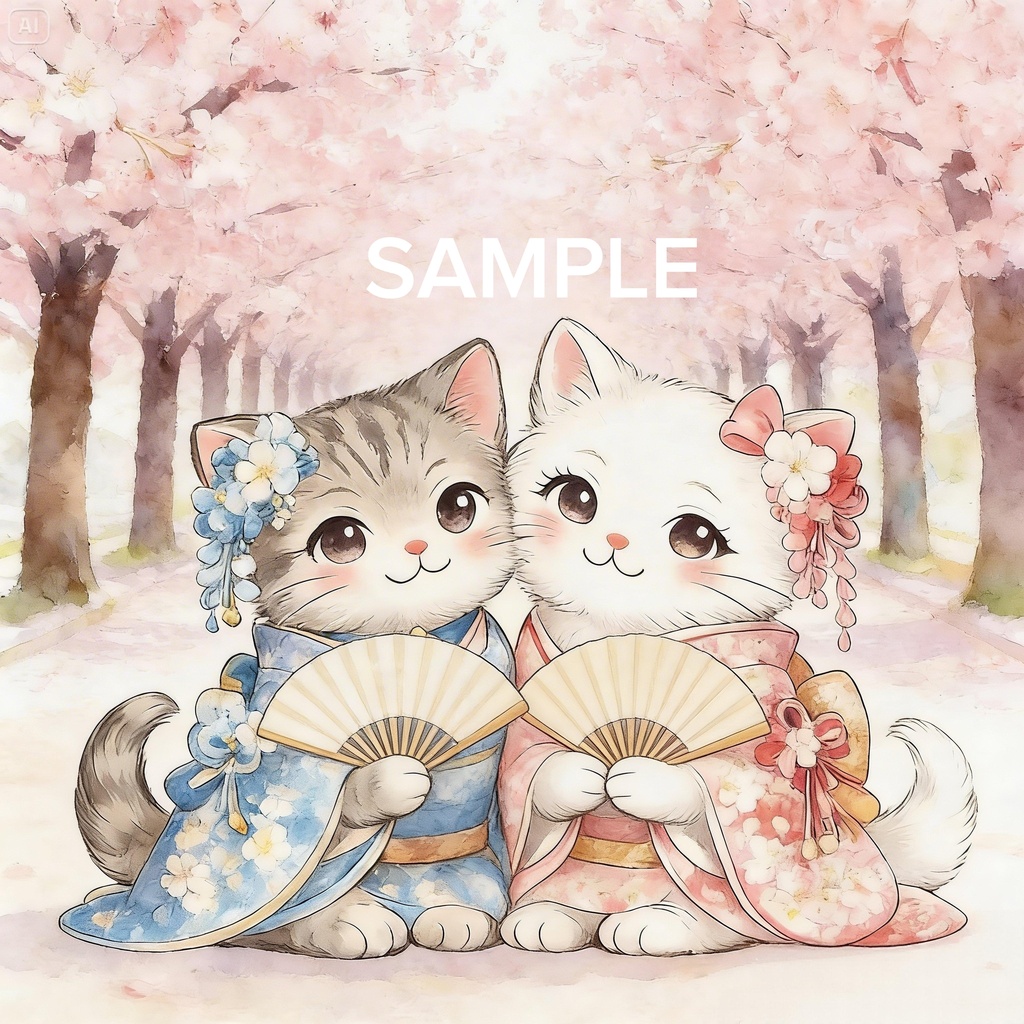 【Art Panel】着物仲良し猫:桜並木のふたり