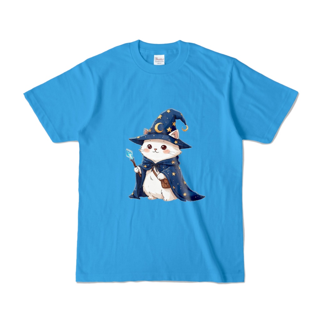 【カラーTシャツ】白ネコ魔法使い：魔法の森の冒険(背景なし)