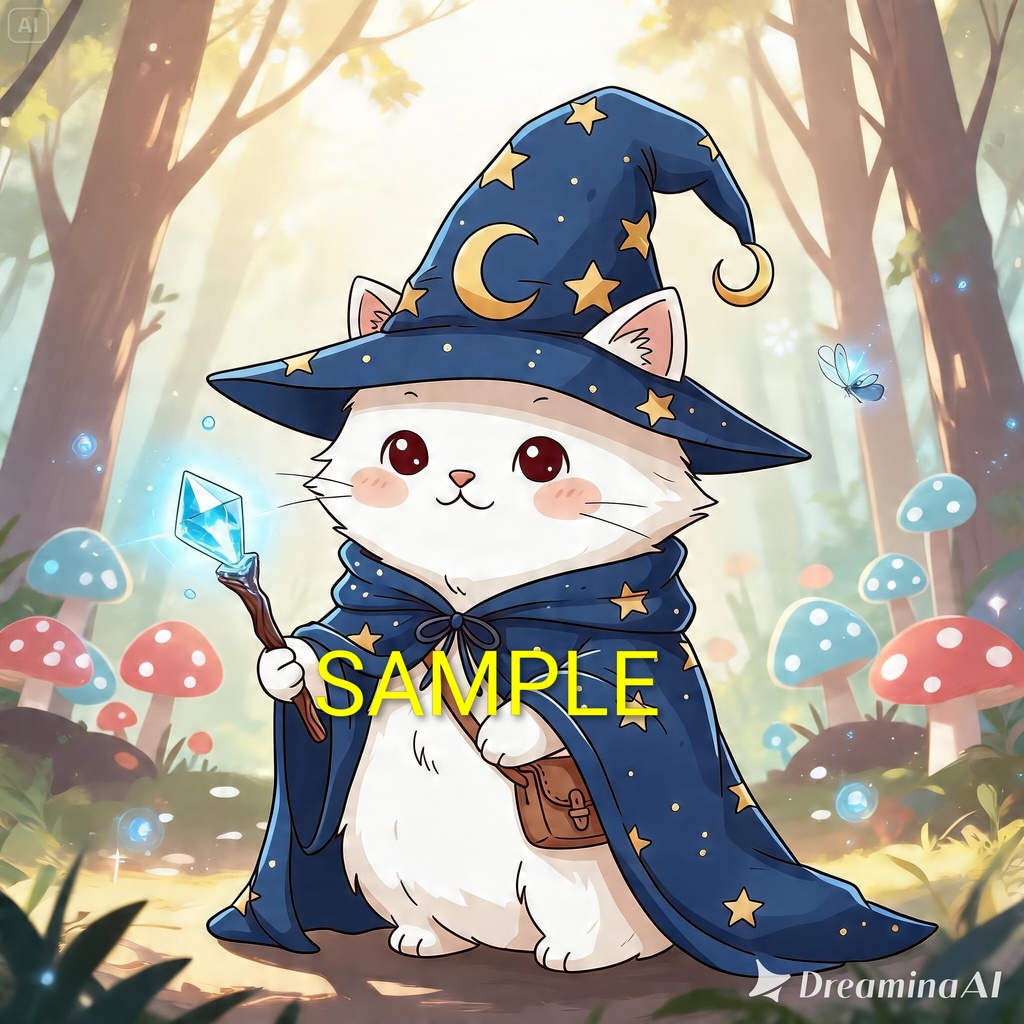 【カラーTシャツ】白ネコ魔法使い:魔法の森の冒険(背景なし)