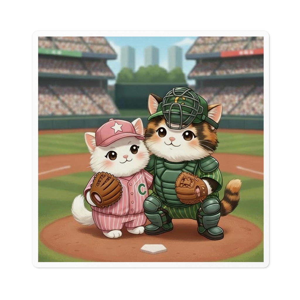 【ステッカー】野球ねこ（ピンクバッター＆キャッチャー）