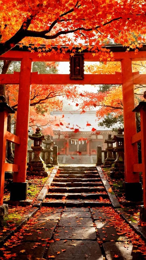 🍁 紅葉散りゆく社（やしろ） — 和風シームレスループ配信背景