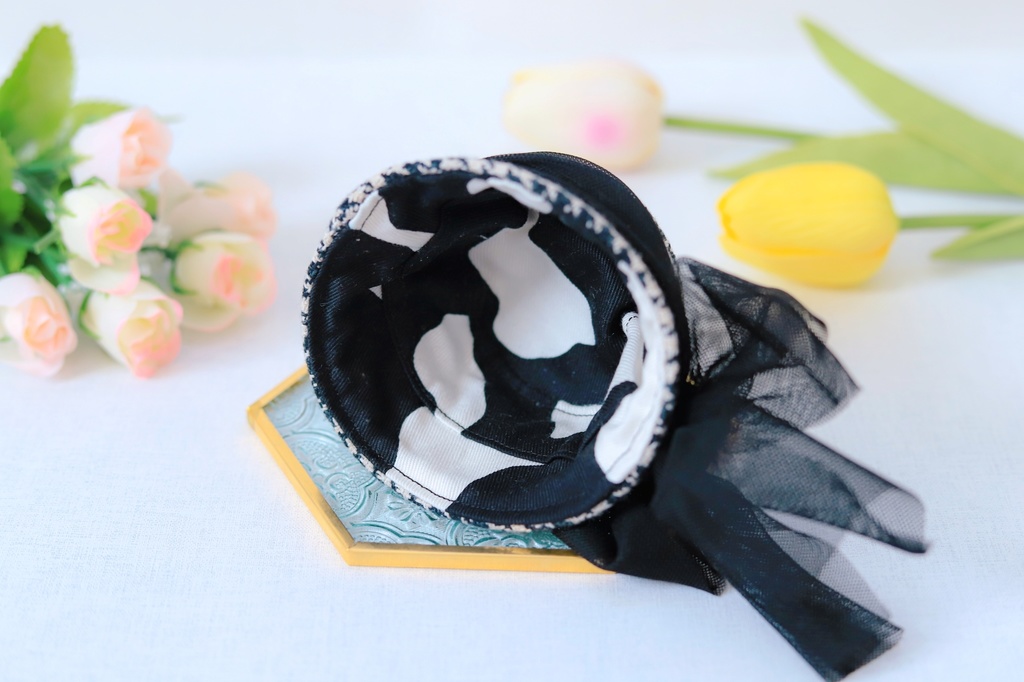 ふわふわリボン💗千鳥格子バケットハット 10cmぬい用