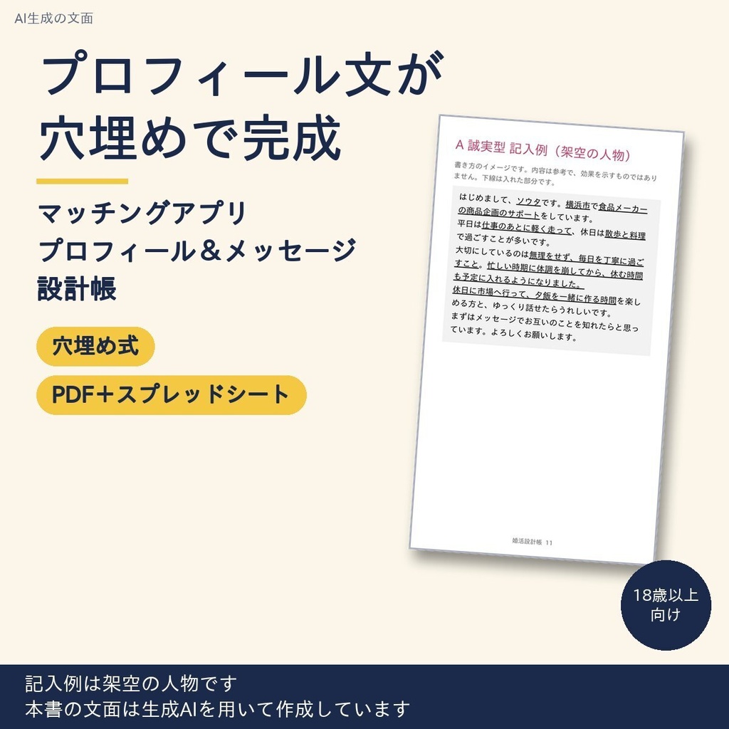 マッチングアプリ　プロフィール　例文　メッセージ　テンプレ｜穴埋め式の設計帳【PDF＋スプレッドシート】