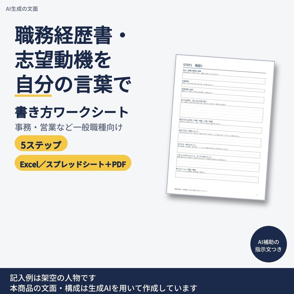 職務経歴書　志望動機　書き方｜自分の言葉で作るワークシート　事務・営業など一般職種向け【Excel／スプレッドシート／PDF】