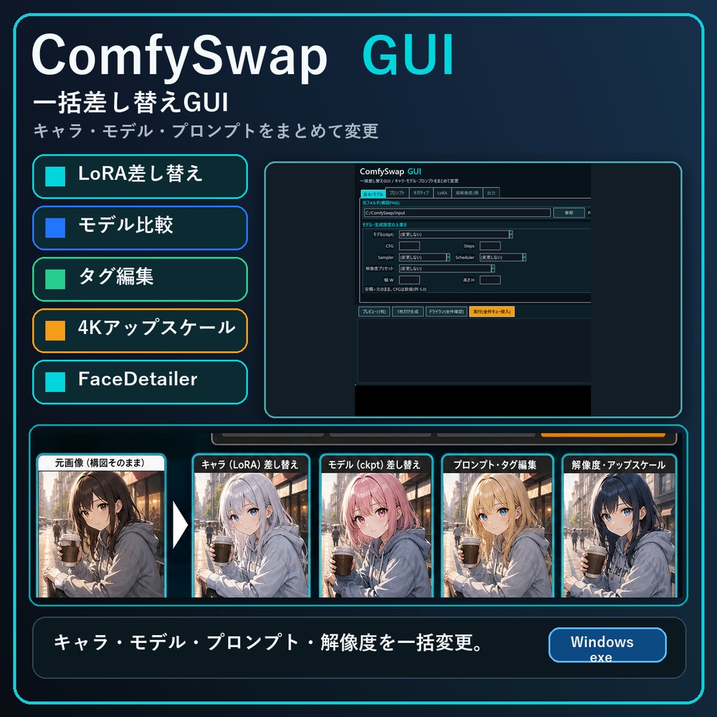 ComfyUI 【キャラ】【モデル】【プロンプト】を一括で差し替え! GUIComfySwapGUI