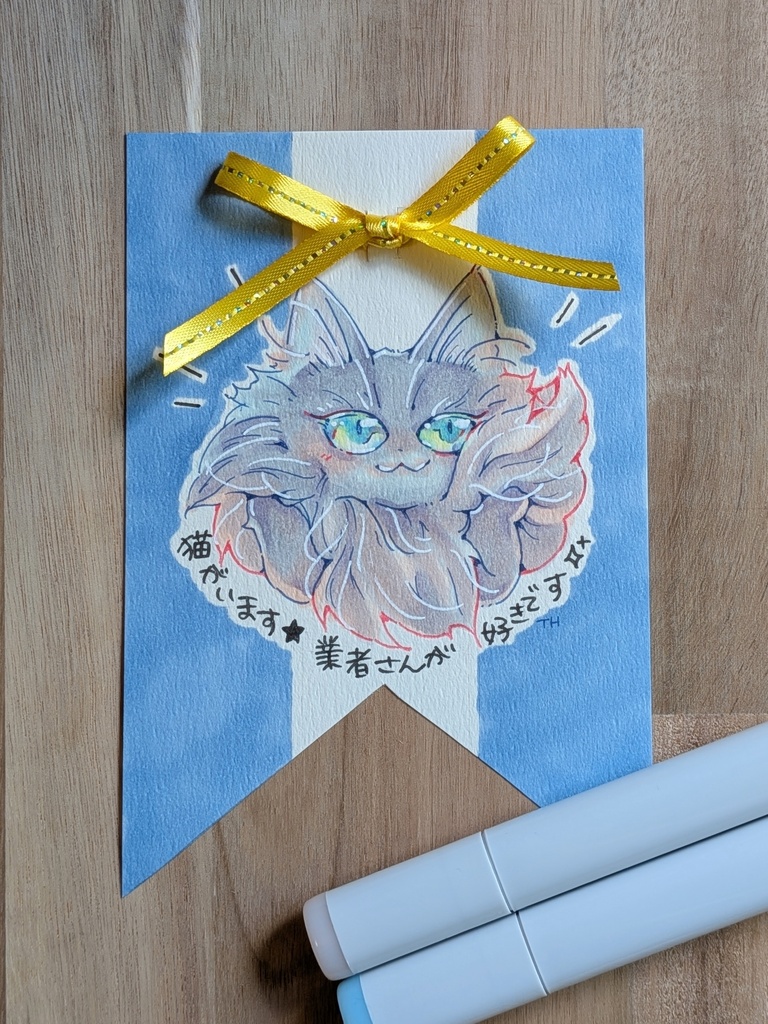 原画アイテム|手描きロゼット風カード★猫がいます(カブトピン付き)各種1点限り