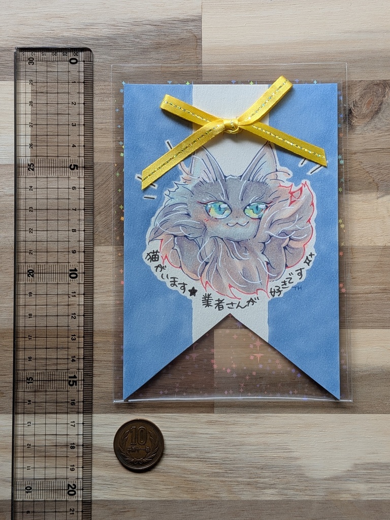原画アイテム|手描きロゼット風カード★猫がいます(カブトピン付き)各種1点限り